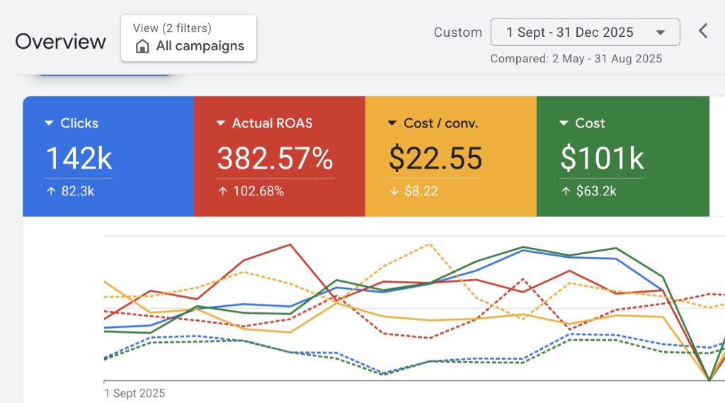 Real client Google Ads dashboard: $101K spend generating 142K clicks at 382% ROAS