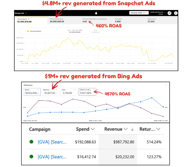 Snapchat Ads $4.8M revenue and Bing Ads 4570% ROAS dashboards